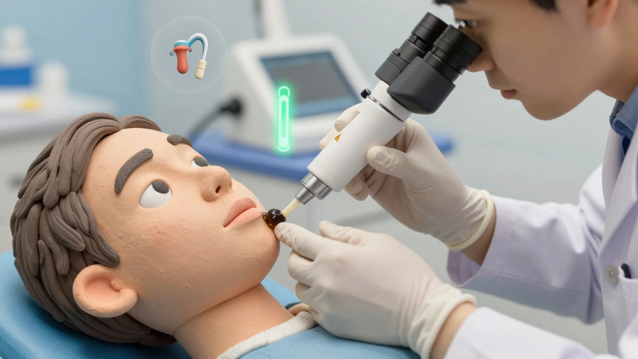 Doctor using microsuction device to remove earwax under microscope in safe, professional setting.