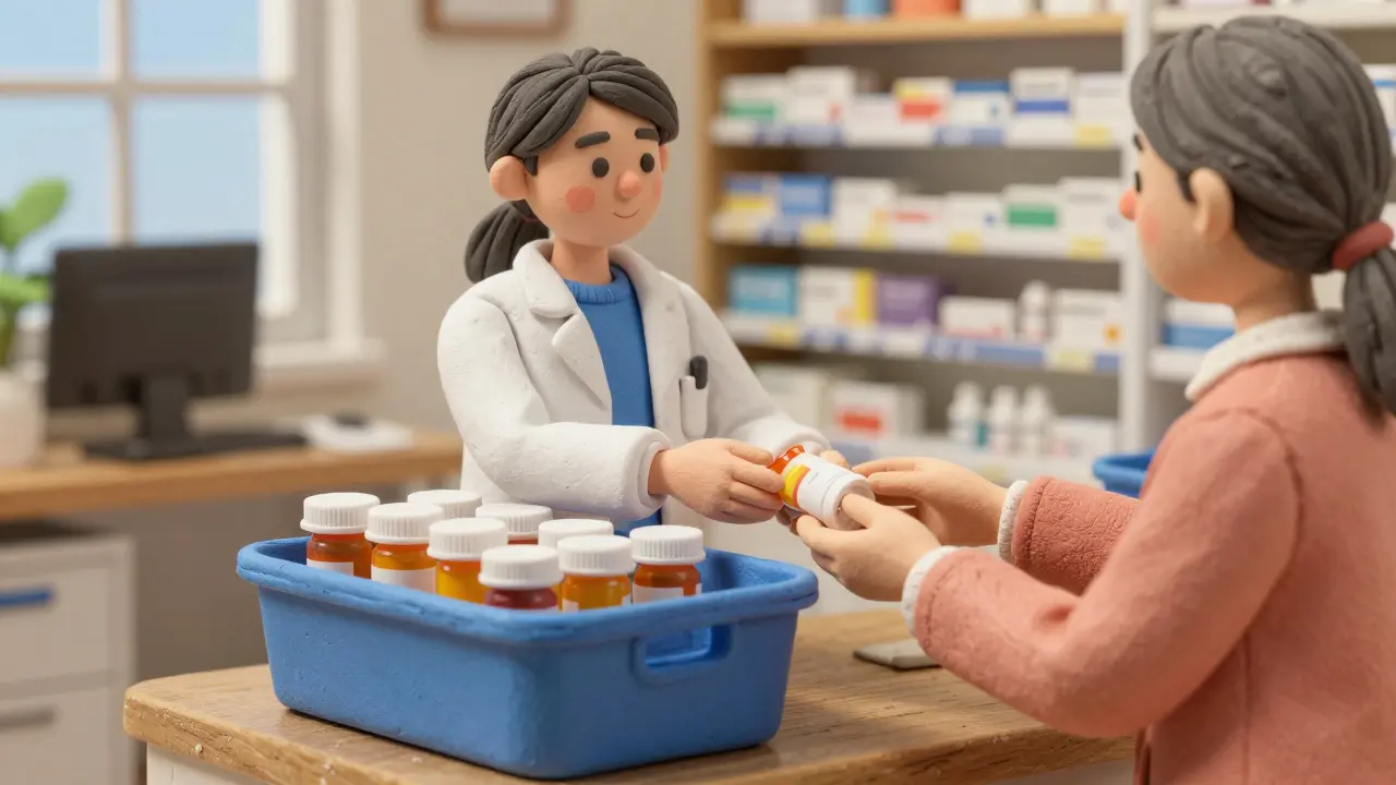 Elderly woman dropping off pills at a pharmacy take-back bin.