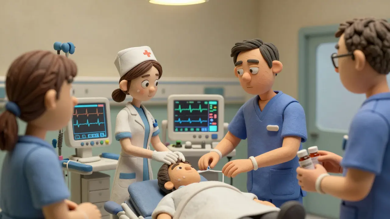 Emergency staff monitor a patient's EKG showing a widened QRS complex during antihistamine overdose treatment.