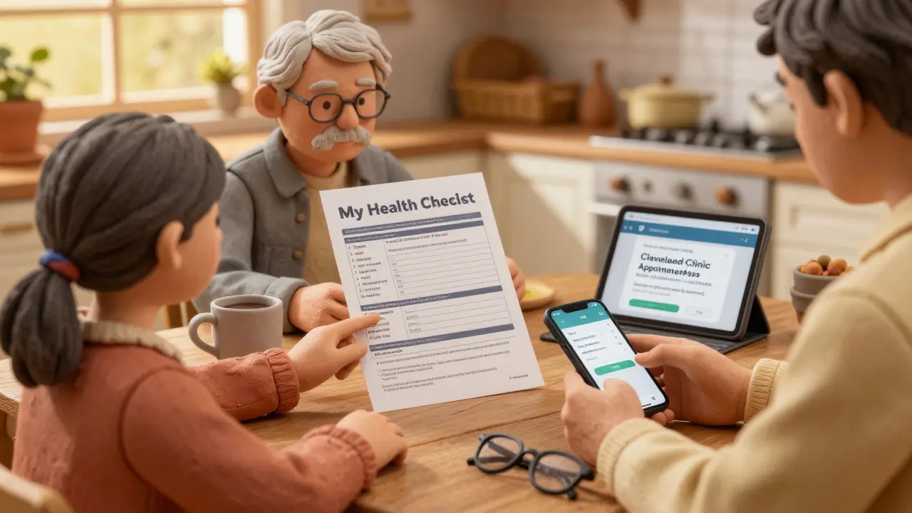 Family reviewing health checklist at kitchen table, with phone synced to health app and coffee mug nearby.