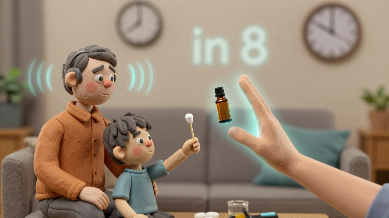 Family scene with earwax risk and professional care solution, symbolizing safe hearing health choices.