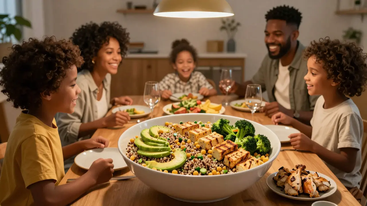 Family sharing a plant-forward meal with quinoa, tofu, and small portion of chicken