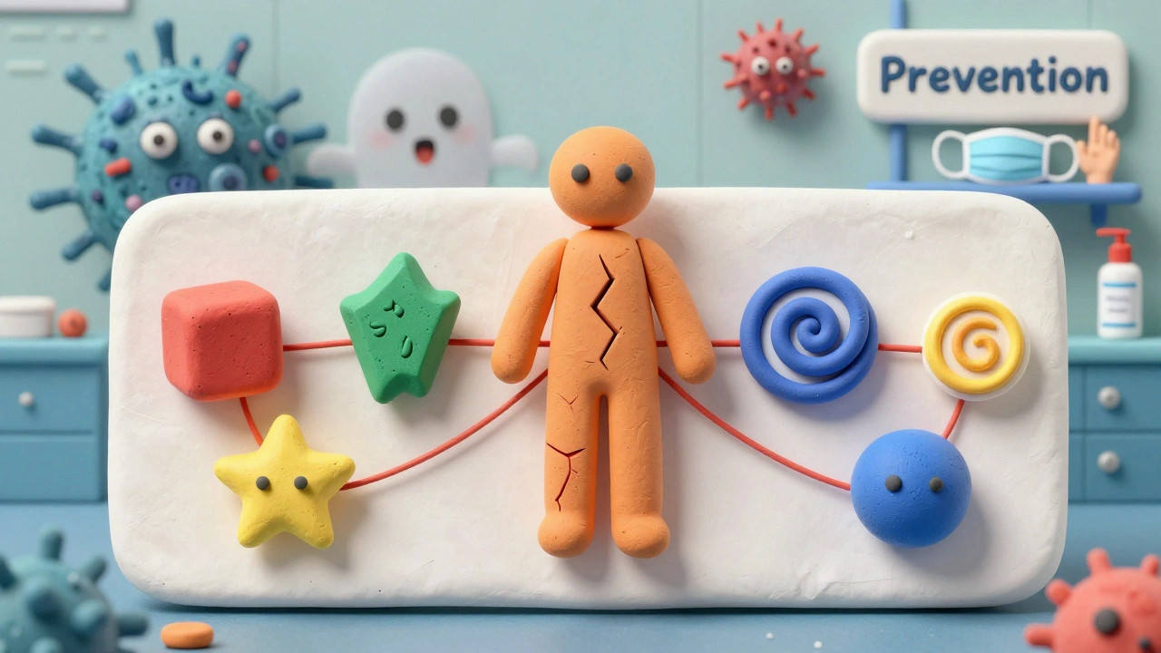 Five immunosuppressant drugs connected to a cracked human figure, with ghostly infections lurking nearby.