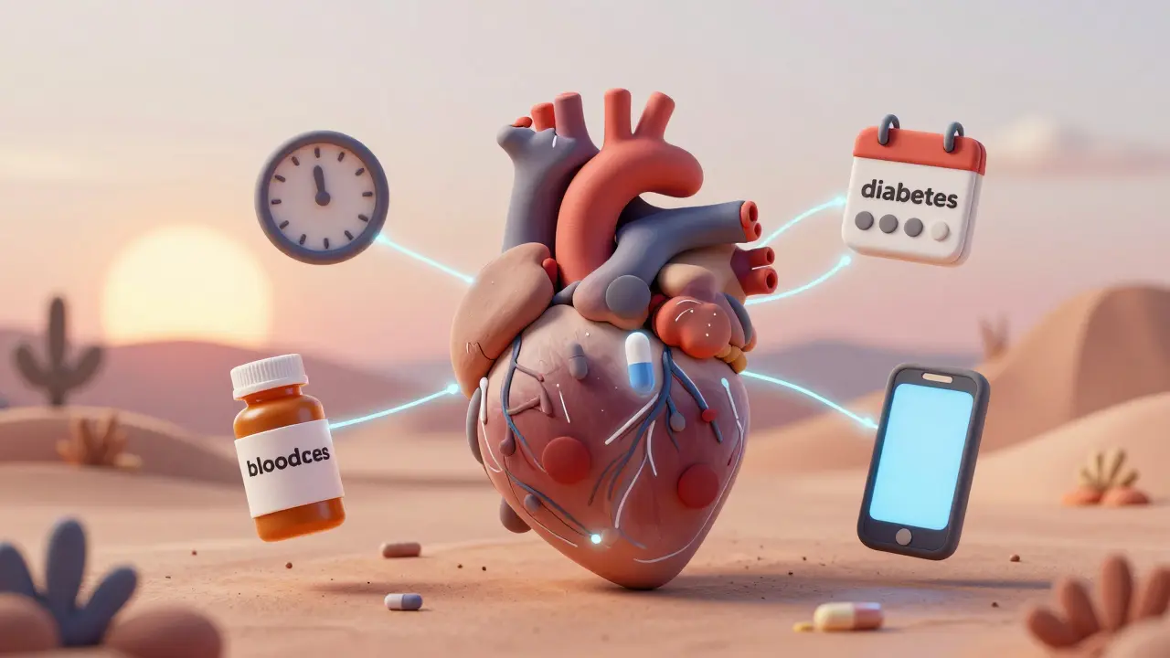 Heart surrounded by floating medication bottles connected by digital threads to time and device icons.