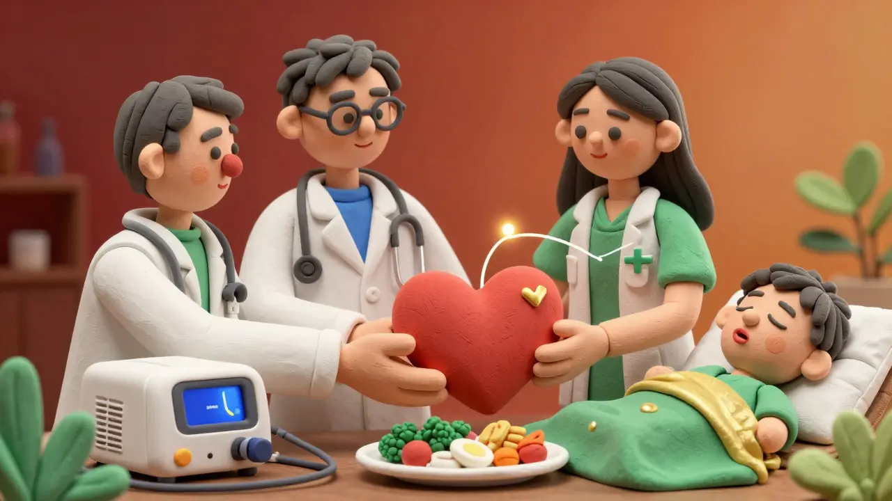 Medical team holding a clay heart connected to CPAP, food, and healthy sleep, symbolizing integrated treatment.