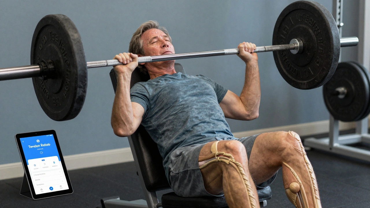 Middle-aged person performing slow leg press, tendon structure rebuilding visibly under skin.