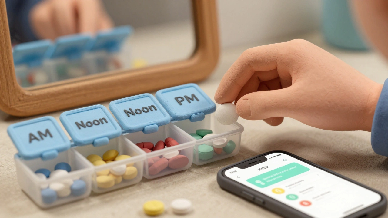 Multi-compartment pill organizer being filled with colored pills under morning light.