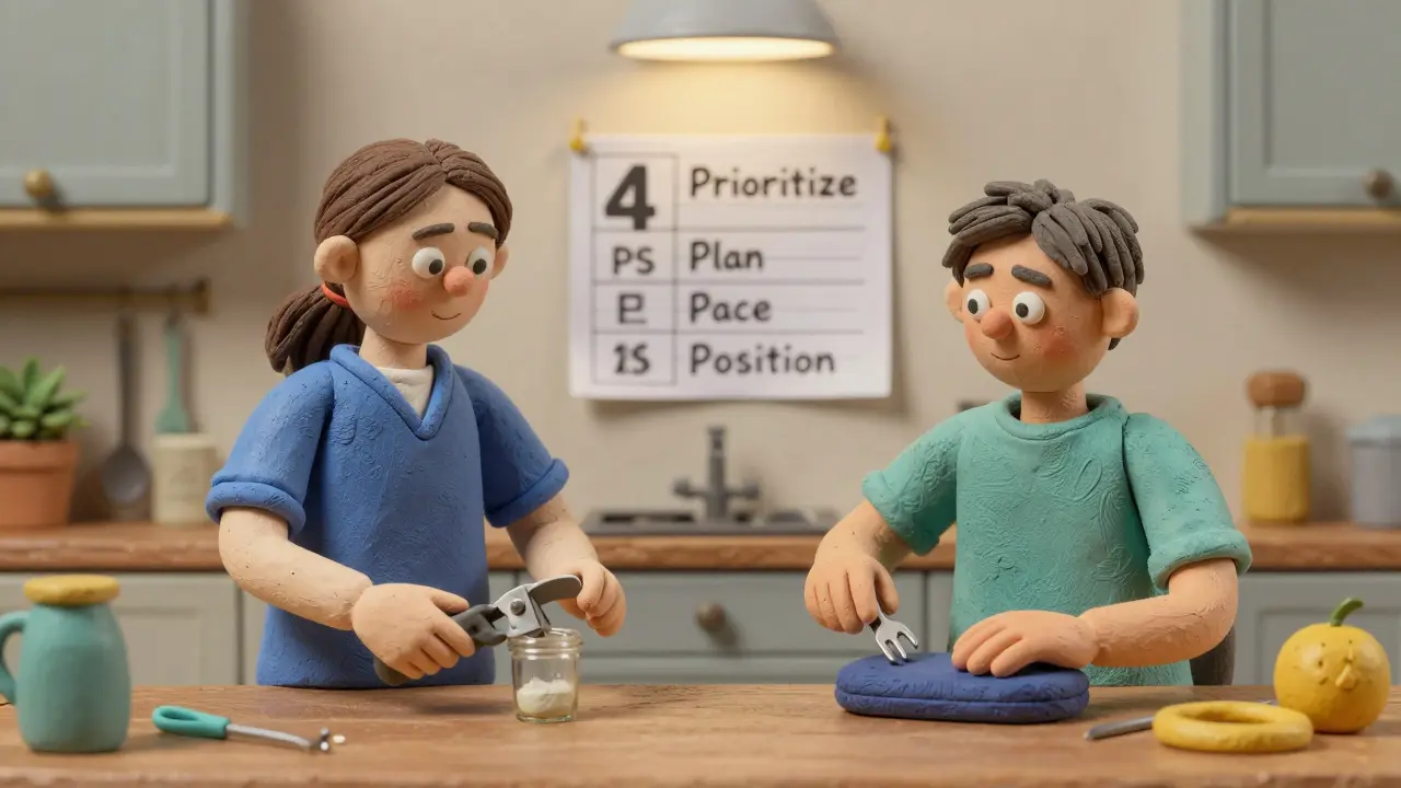 Occupational therapist helping patient use adaptive tools in the kitchen.