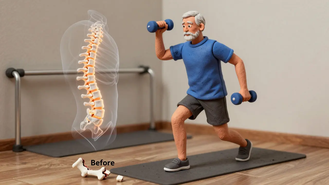 Older man exercising with dumbbells and balance, glowing healthy bones beside crumbling bone fragment on floor.