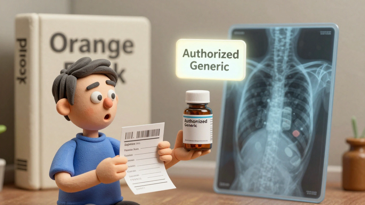 Patient comparing pill bottles with X-ray showing identical contents, while a closed Orange Book sits nearby.