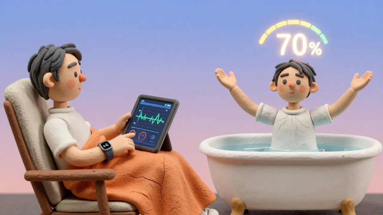 Person monitoring HRV while practicing rest and water-based movement at home.