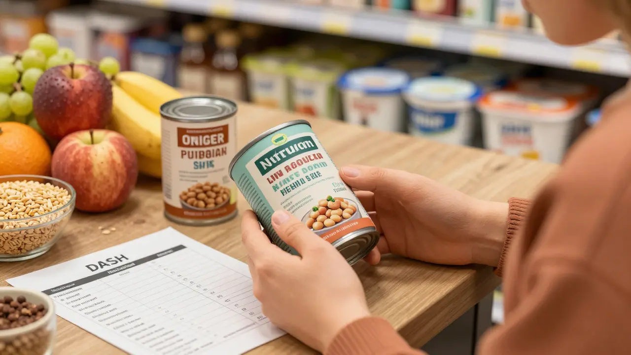 Person reading food labels with DASH diet foods like fruits, grains, and yogurt