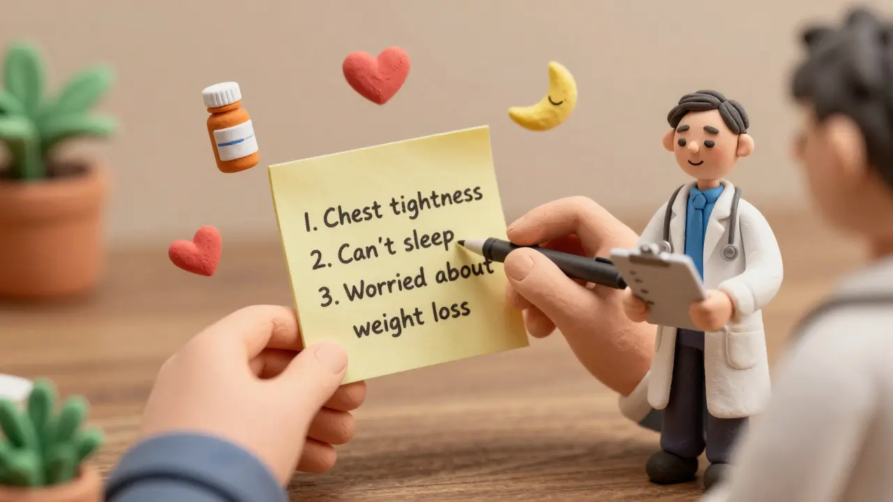 Person writing concerns on a sticky note with floating health icons, assisted by a clay-style doctor.