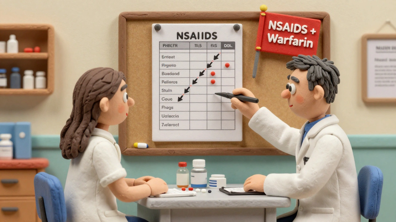 Pharmacist and patient reviewing a medication schedule with timing arrows on a board.