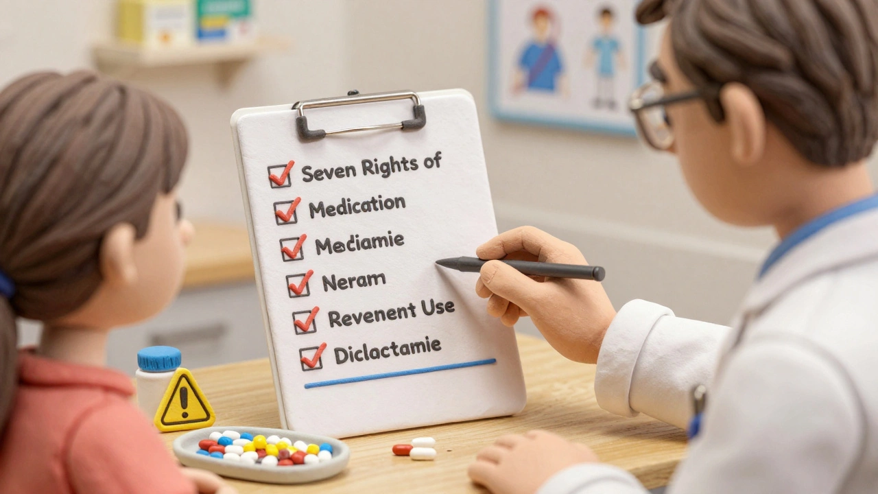 Pharmacist and patient reviewing medication chart with safety checklist.