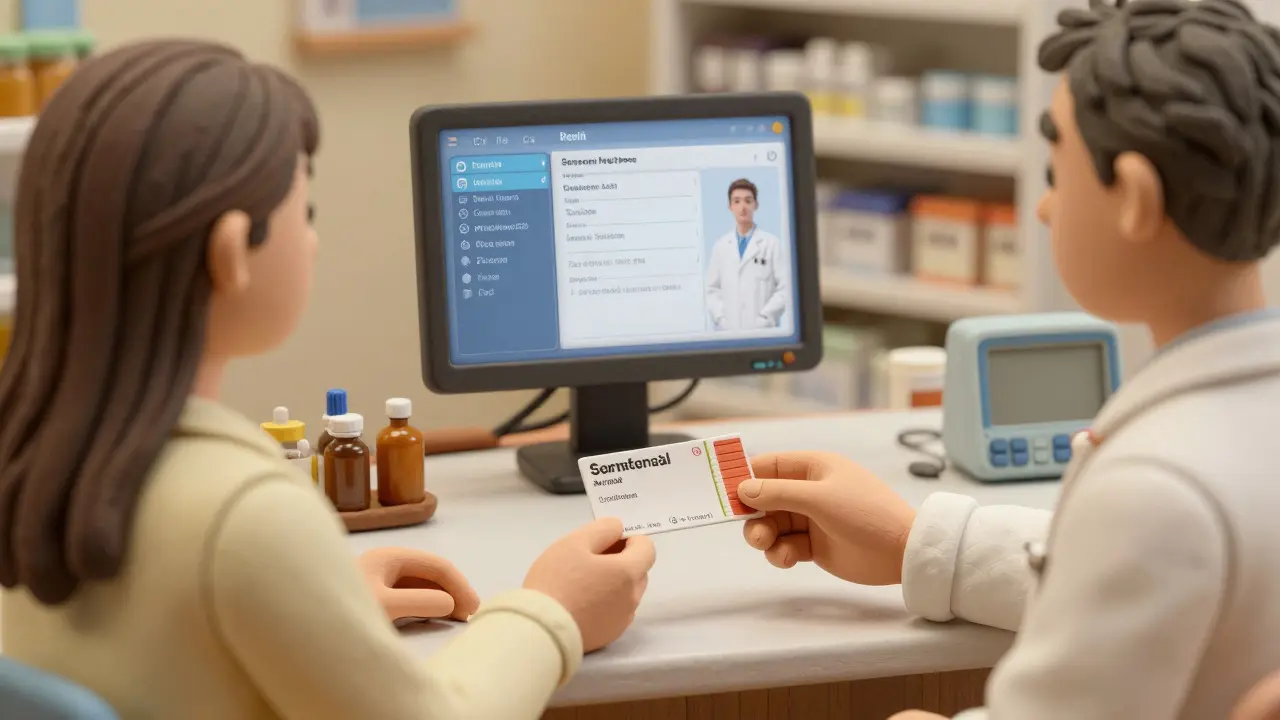 Pharmacist handing prescription to patient as digital systems sync behind them.