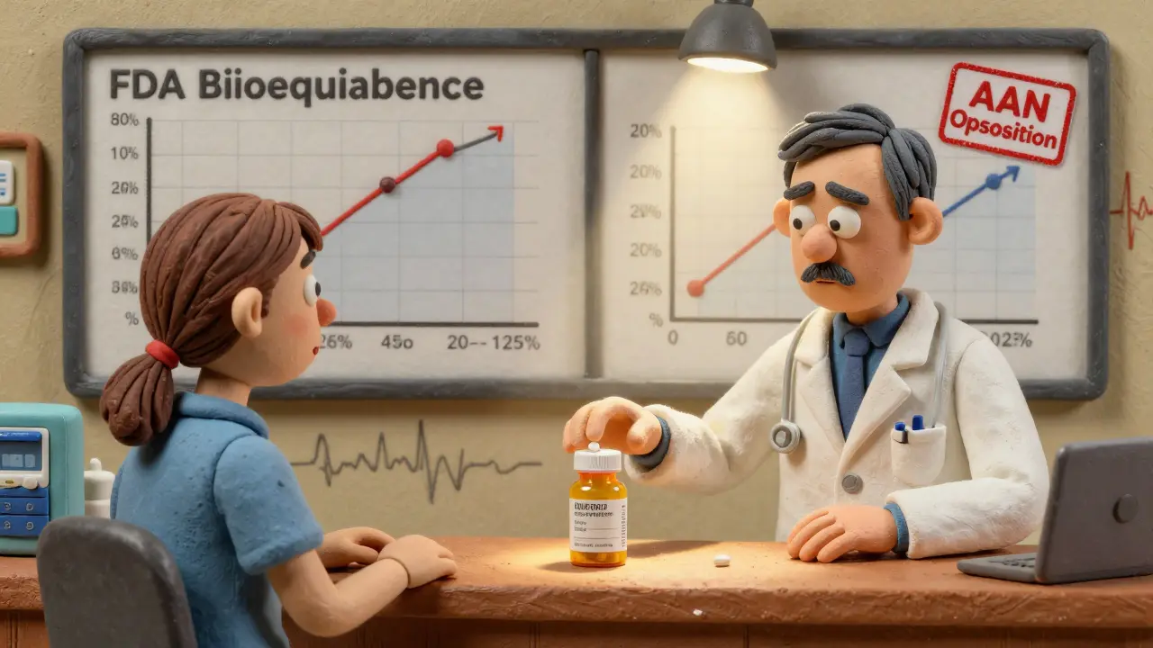 Pharmacist hands generic medication while FDA graphs and neurologist's opposition appear behind.