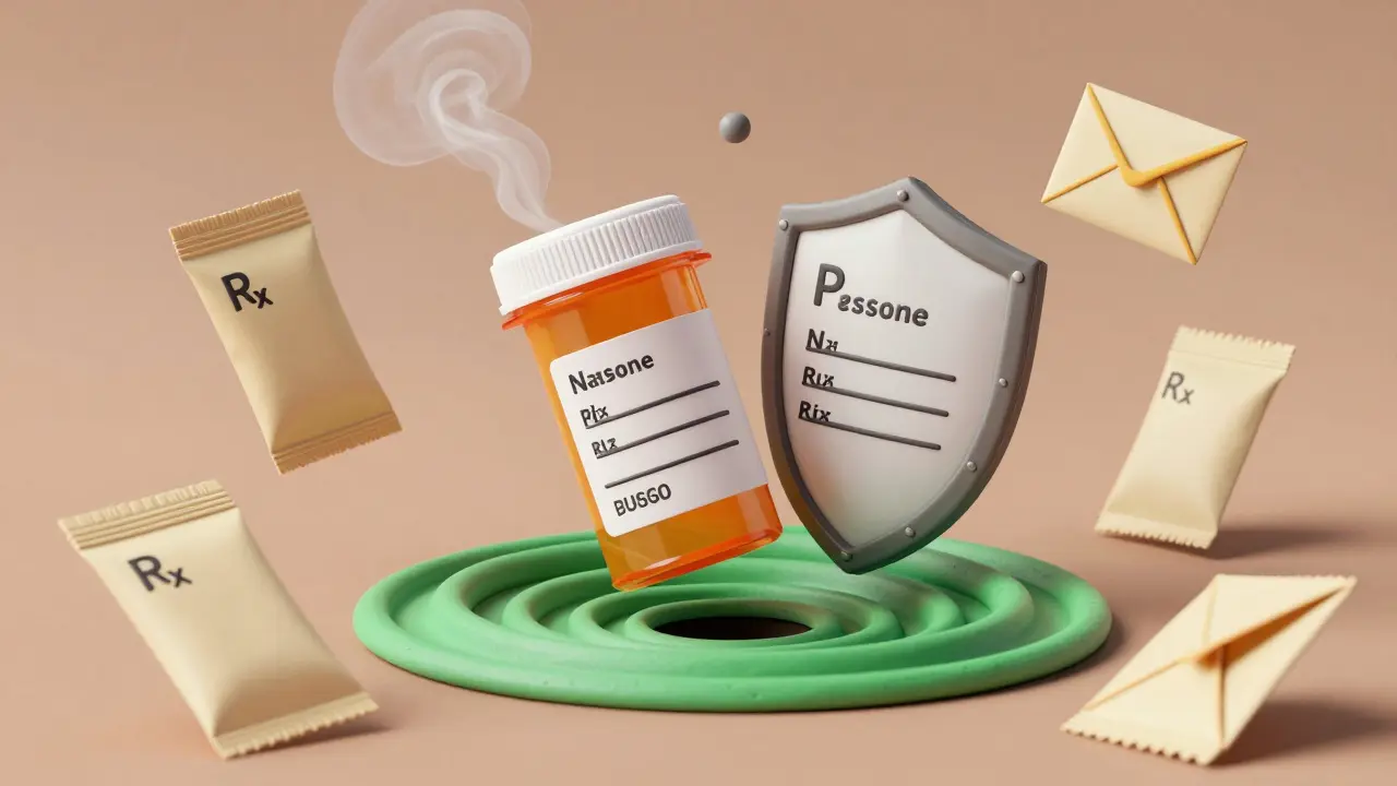 Prescription bottle turning into a shield as private data disappears.