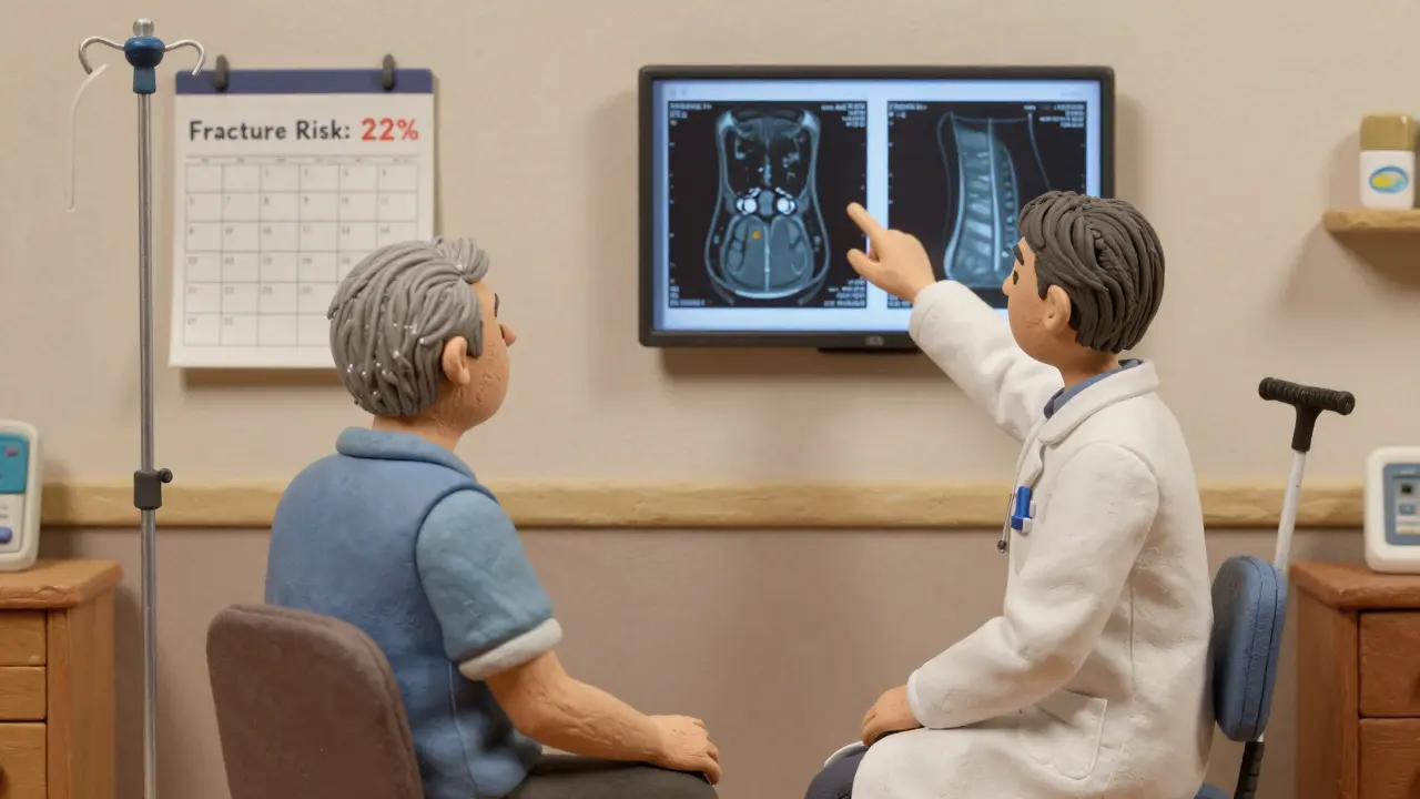 Senior receiving annual IV bone medication in clinic, doctor showing DXA scan with low bone density reading.