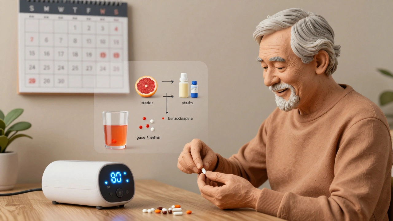 Senior using smart pill dispenser with warning icons dissolving into safe options.