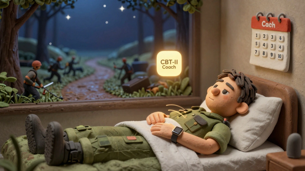 Sleeping veteran with Apple Watch vibrating, dream shifting from battlefield to forest under starlight.