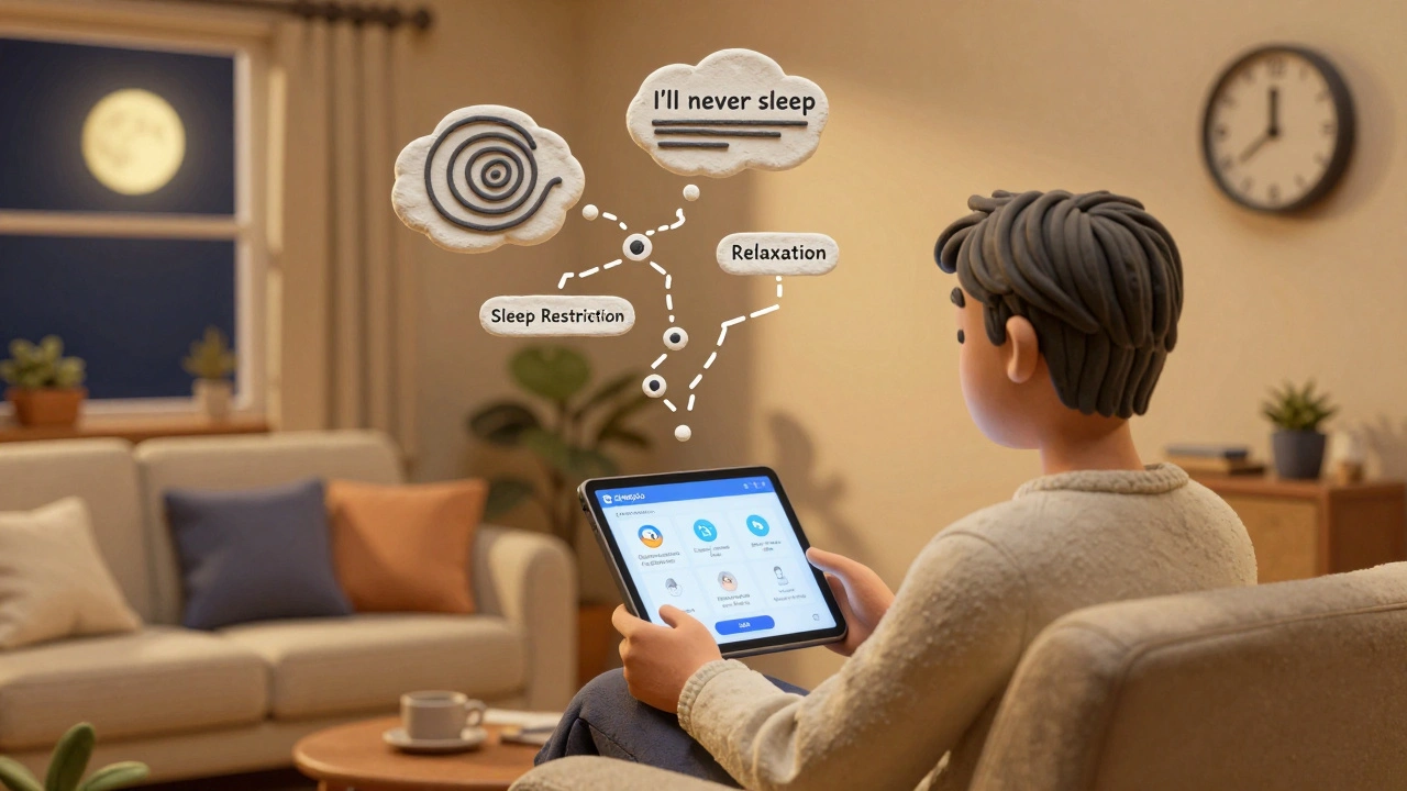 Someone using a sleep therapy app, with calming thought pathways replacing negative worries in warm lighting.