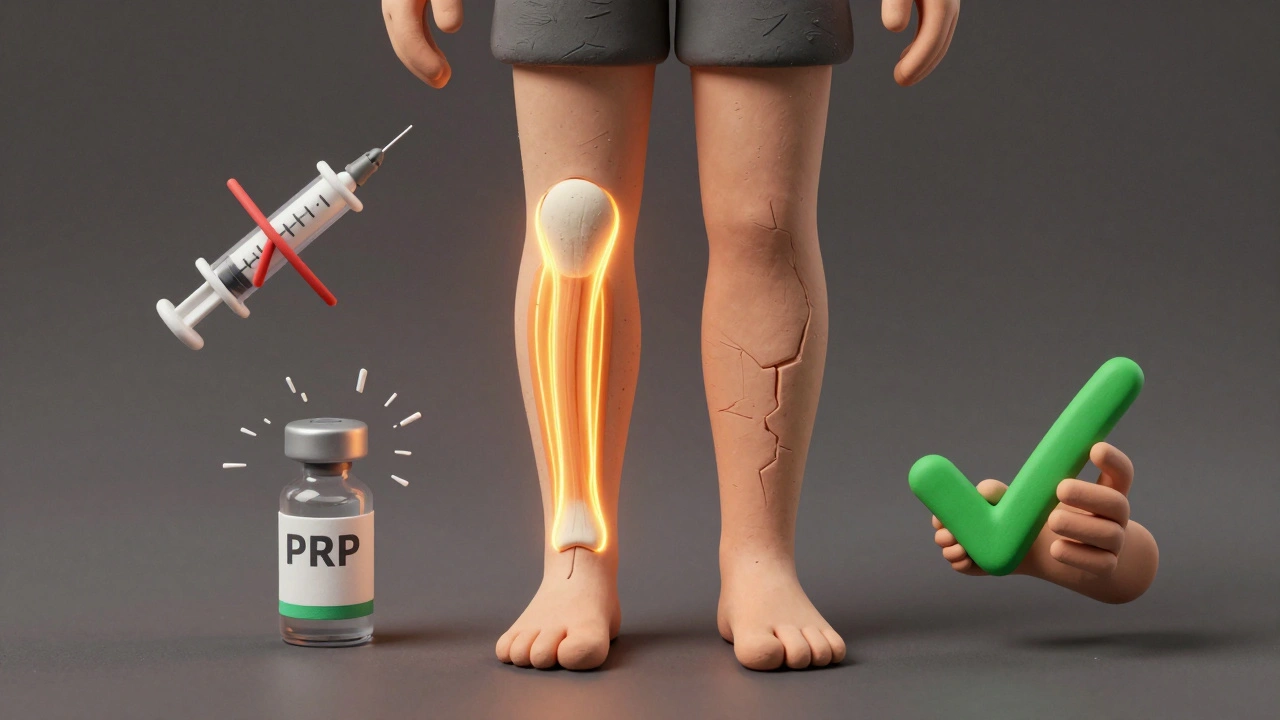 Split-body illustration showing healthy vs damaged tendon, with failed treatments and exercise success icons.