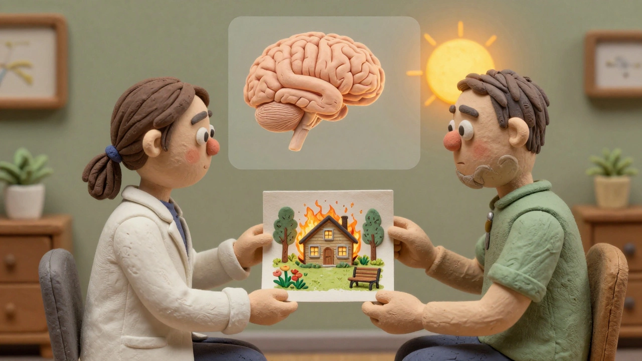 Therapist and veteran rewriting a nightmare into a peaceful garden, with brain activity visualized above.