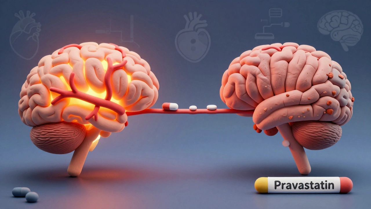 Two clay brain models showing healthy vs. clogged arteries, with statin pills crossing or stopping at the blood-brain barrier.