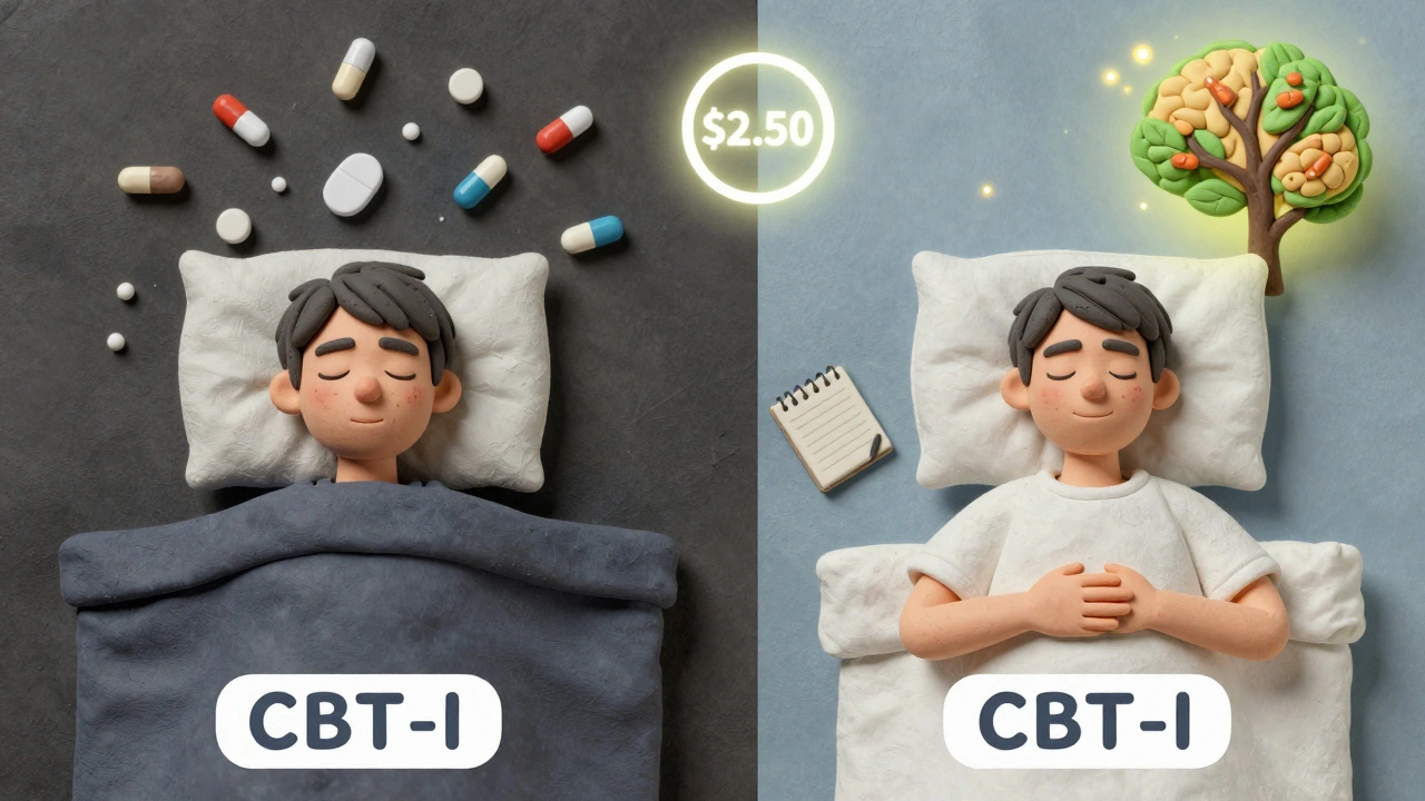 Two contrasting paths: one showing exhaustion with pills, the other showing peace and mental clarity after CBT-I.