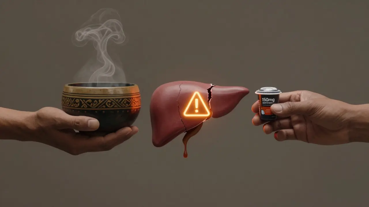 Two hands holding different kava forms with a damaged liver between them.