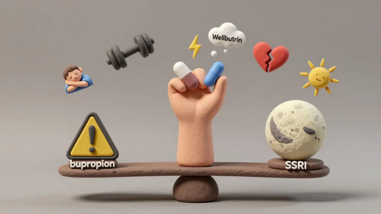 A balanced scale with medical icons showing trade-offs between bupropion and SSRIs, including seizure risk and sleep impact.
