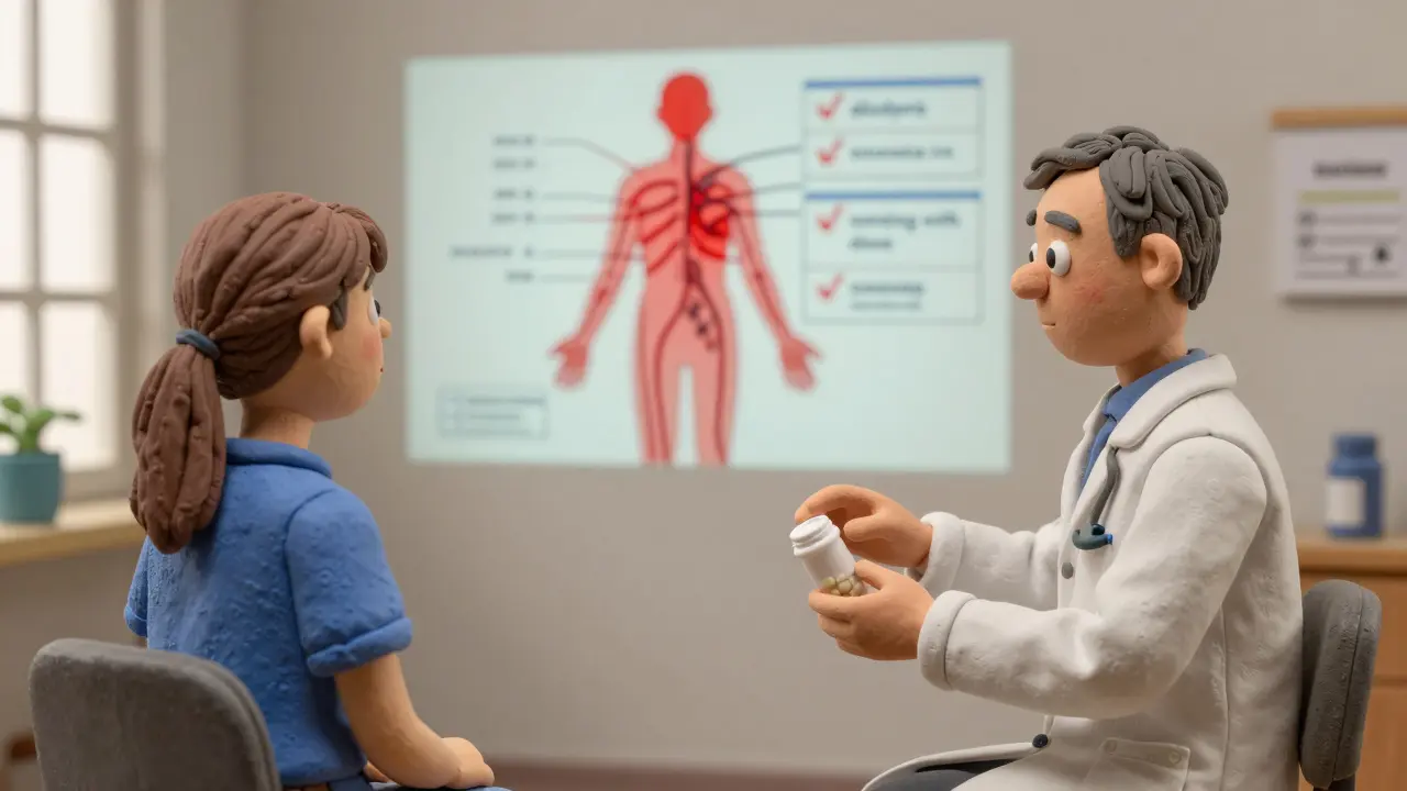 A doctor and patient in a clinic as a pain map shows worsening symptoms, with opioid pills being lowered in a calm moment.