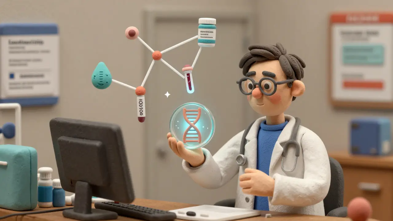 A doctor holding a glowing DNA helix surrounded by sequencing machines and targeted therapy labels.