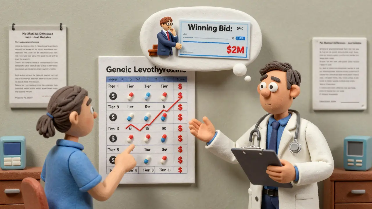 A doctor looks helplessly as a patient examines a formulary chart showing identical generic drugs assigned to different cost tiers, with shadowy executives negotiating rebates above.