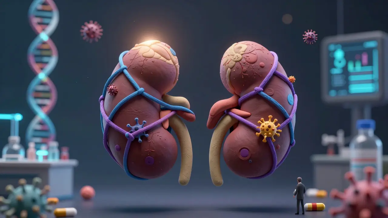 A fragile transplanted kidney held safe by a woven net of three colored drugs, defending against infection and cancer threats.