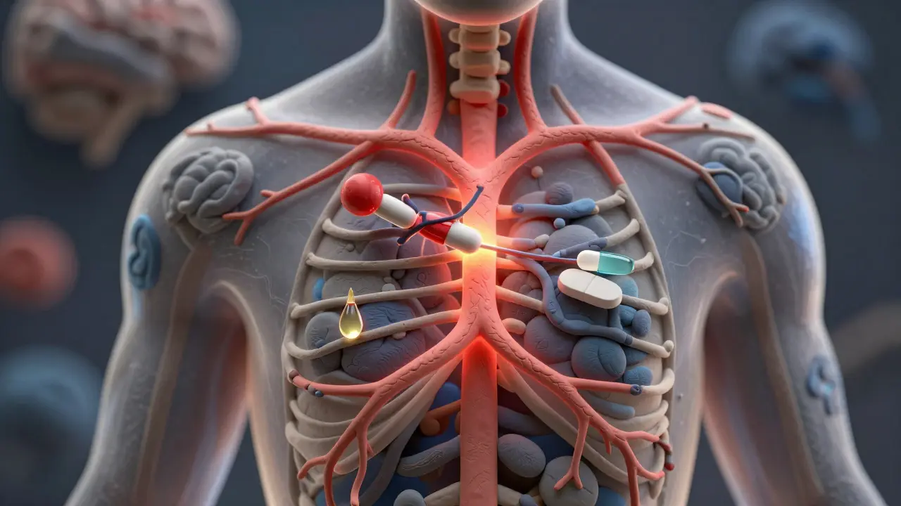 A glowing neural system with opioid and treatment symbols interacting, shown in a transparent human torso using clay art style.