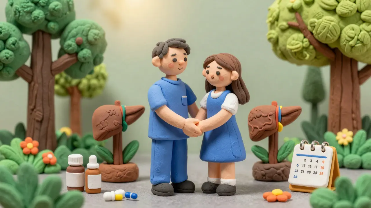 A living donor and recipient embracing in a garden, with miniature regrowing livers beside them in clay style.