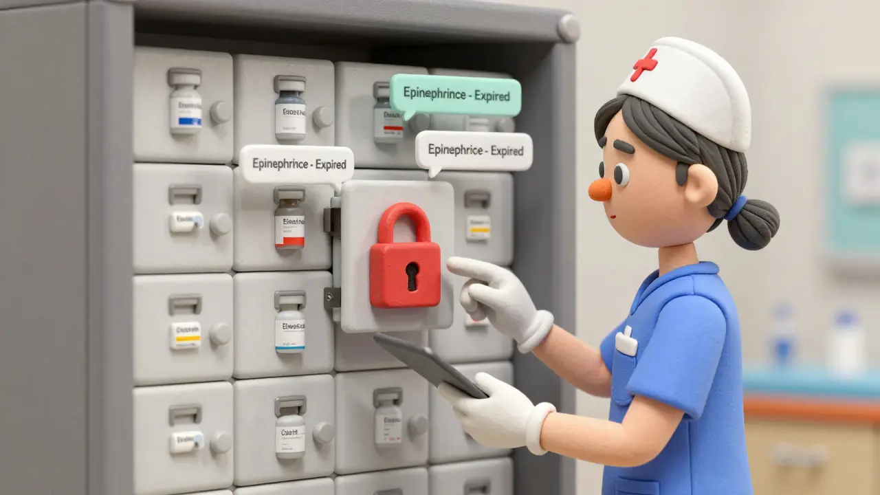A nurse at a hospital ADC cabinet with expired meds locked shut and digital alerts floating nearby.