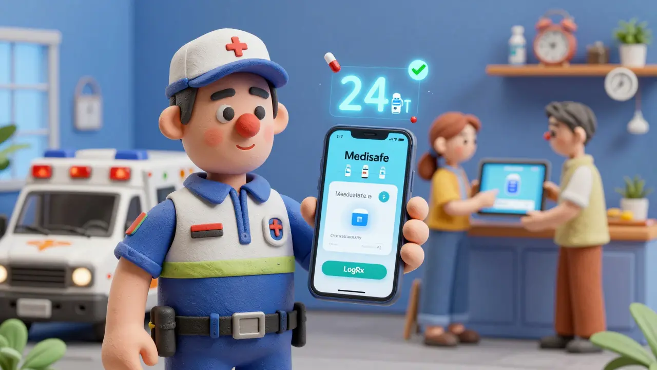 A paramedic checks an insulin vial's expiration on a smartphone app, with a family using a similar app in the background.