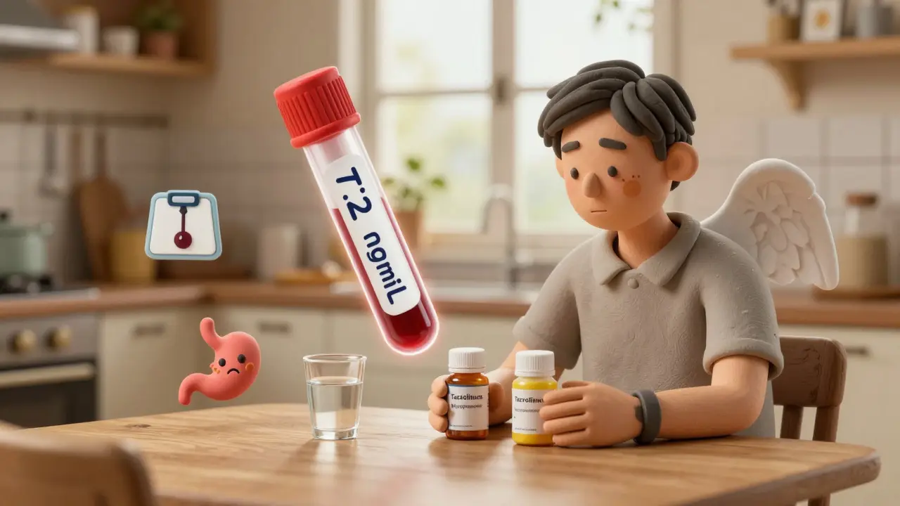 A patient taking transplant medications at a kitchen table, with floating icons of side effects and a glowing blood test result.