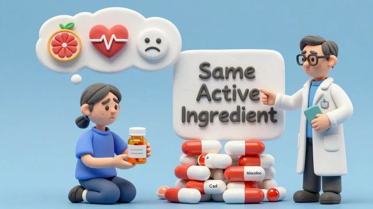 A patient with thought bubbles showing drug interactions, while a pharmacist points to a sign saying 'Same Active Ingredient'.