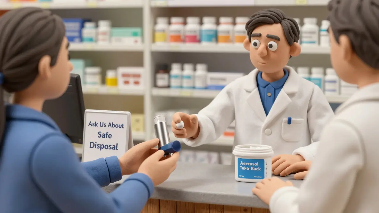 A pharmacist accepting an expired inhaler at a pharmacy drop-off bin.