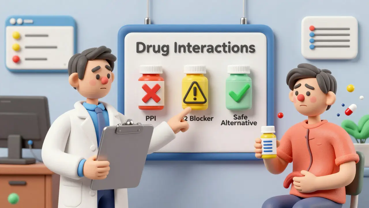 A pharmacist explaining drug interactions using a chart, with a confused patient and warning alerts in the background.