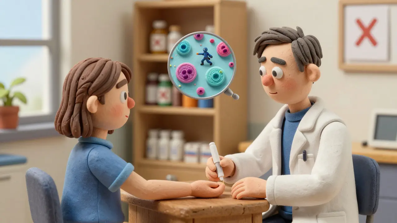 Allergist performing a skin test for penicillin allergy in a calm clinic setting.