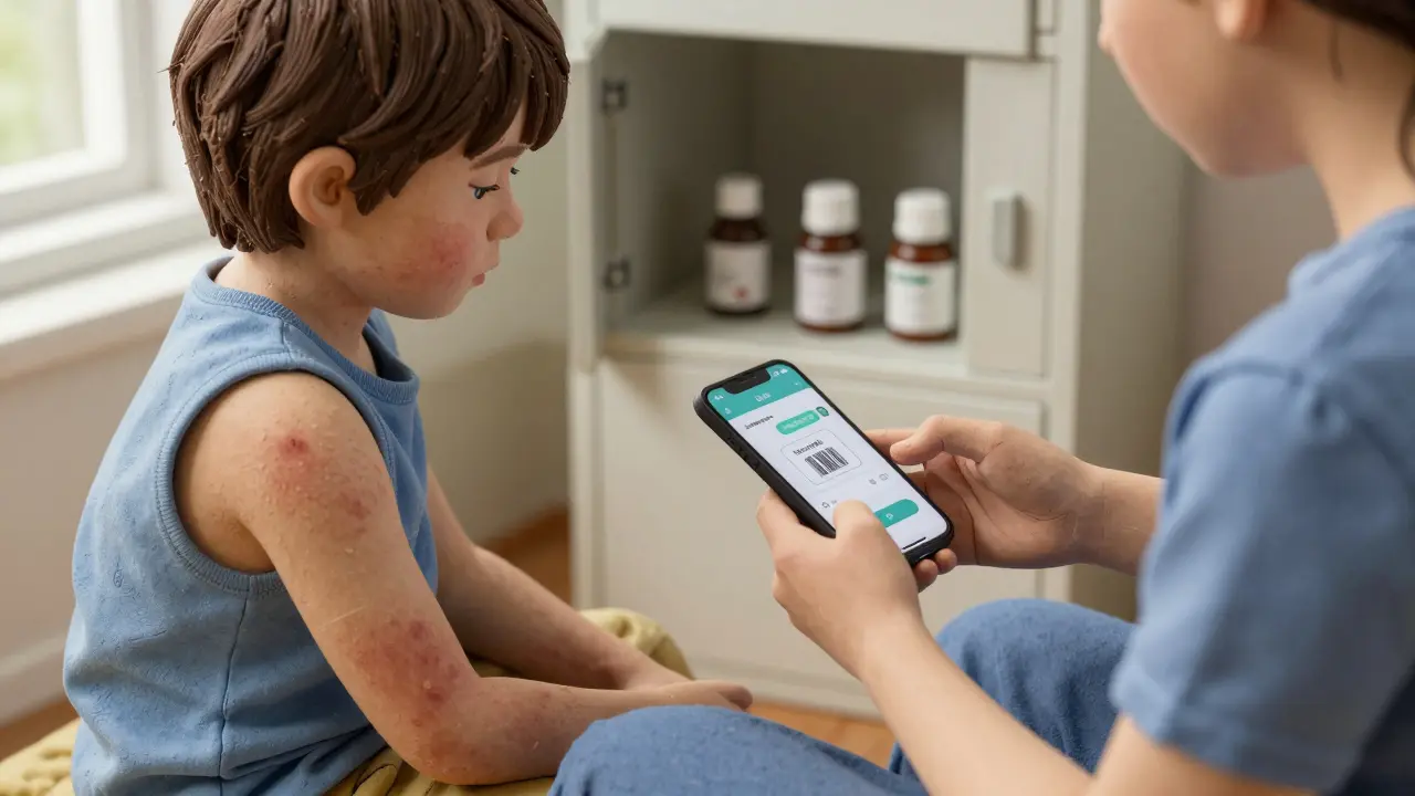 Child with rash on lap while parent uses medication app, medicine stored safely