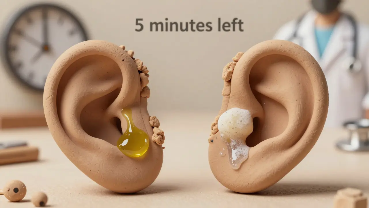 Cross-section of two ear canals showing different wax types being treated with oil and peroxide.