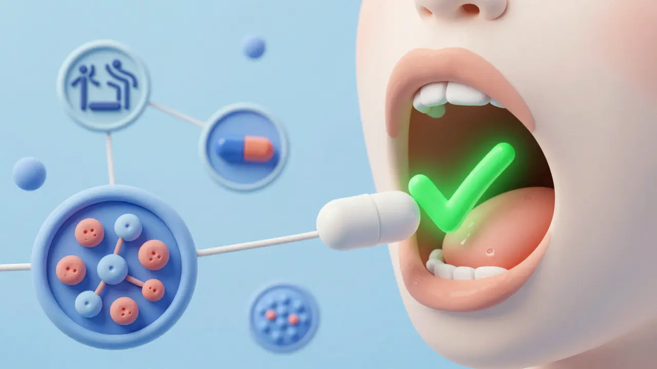 Cytosponge pill being swallowed with cells collected, symbolizing early cancer detection.