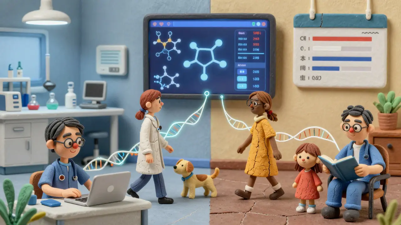 Diverse patients connected by DNA threads to a molecular dashboard, with lab and clinic scenes in background.