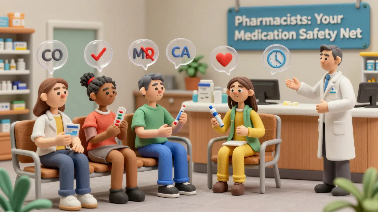 Diverse patients in pharmacy receiving medication substitution explanations, with floating state icons in clay illustration style.